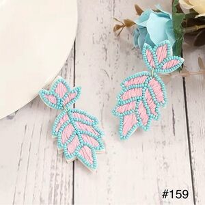 #159 | Leaf Pendant with Turquoise Rice Beads & Pink Raffia Post Dangle Earrings